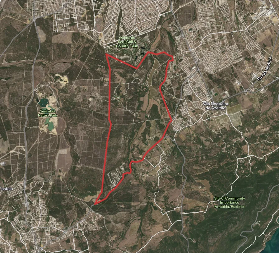Satellite map of Herdade do Per&uacute; with the property boundary outlined in red